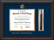 Image of University of North Georgia Diploma Frame - Mahogany Braid - w/Embossed UNG Seal & Name - Tassel Holder - Navy on Gold mat