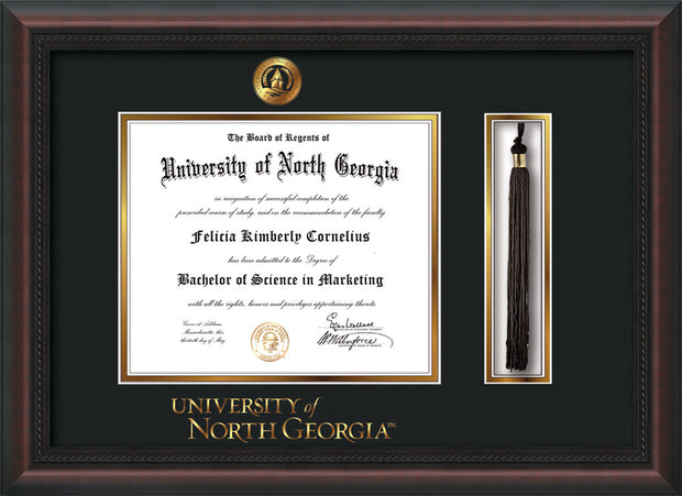 Image of University of North Georgia Diploma Frame - Mahogany Braid - w/Embossed UNG Seal & Wordmark - Tassel Holder - Black on Gold mat