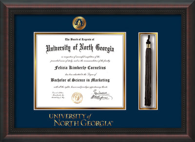 Image of University of North Georgia Diploma Frame - Mahogany Braid - w/Embossed UNG Seal & Wordmark - Tassel Holder - Navy on Gold mat