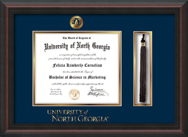 Image of University of North Georgia Diploma Frame - Mahogany Braid - w/Embossed UNG Seal & Wordmark - Tassel Holder - Navy on Gold mat