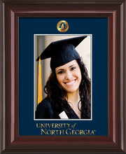 Image of University of North Georgia 5 x 7 Photo Frame - Mahogany Lacquer - w/Official Embossing of UNG Seal & Wordmark - Single Navy mat