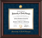 Image of University of North Georgia Diploma Frame - Mahogany Lacquer - w/24k Gold-Plated Military Medallion & UNG Name Embossing - Navy Suede on Gold mats