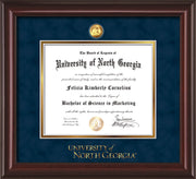 Image of University of North Georgia Diploma Frame - Mahogany Lacquer - w/24k Gold-Plated Military Medallion & UNG Wordmark Embossing - Navy Suede on Gold mats