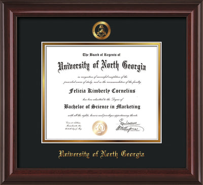Image of University of North Georgia Diploma Frame - Mahogany Lacquer - w/Embossed Military Seal & UNG Name - Black on Gold mat