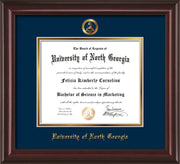 Image of University of North Georgia Diploma Frame - Mahogany Lacquer - w/Embossed Military Seal & UNG Name - Navy on Gold mat