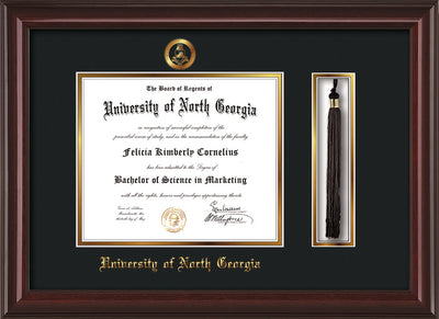 Image of University of North Georgia Diploma Frame - Mahogany Lacquer - w/Embossed Military Seal & UNG Name - Tassel Holder - Black on Gold mat