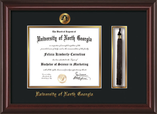 Image of University of North Georgia Diploma Frame - Mahogany Lacquer - w/Embossed UNG Seal & Name - Tassel Holder - Black on Gold mat