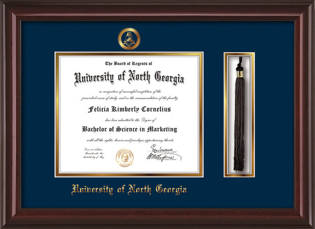 Image of University of North Georgia Diploma Frame - Mahogany Lacquer - w/Embossed Military Seal & UNG Name - Tassel Holder - Navy on Gold mat