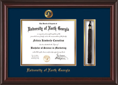 Image of University of North Georgia Diploma Frame - Mahogany Lacquer - w/Embossed UNG Seal & Name - Tassel Holder - Navy on Gold mat