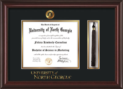 Image of University of North Georgia Diploma Frame - Mahogany Lacquer - w/Embossed UNG Seal & Wordmark - Tassel Holder - Black on Gold mat