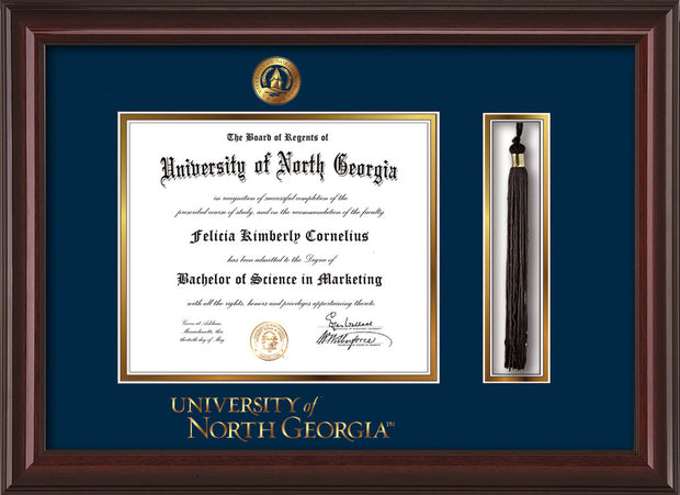Image of University of North Georgia Diploma Frame - Mahogany Lacquer - w/Embossed UNG Seal & Wordmark - Tassel Holder - Navy on Gold mat