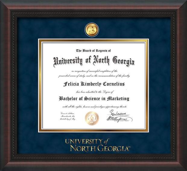 Image of University of North Georgia Diploma Frame - Mahogany Braid - w/24k Gold-Plated Military Medallion & UNG Wordmark Embossing - Navy Suede on Gold mats