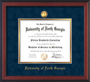 Image of University of North Georgia Diploma Frame - Cherry Reverse - w/24k Gold-Plated Military Medallion & UNG Name Embossing - Navy Suede on Gold mats