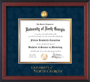 Image of University of North Georgia Diploma Frame - Cherry Reverse - w/24k Gold-Plated Military Medallion & UNG Wordmark Embossing - Navy Suede on Gold mats