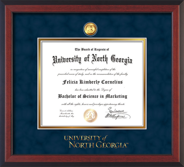 Image of University of North Georgia Diploma Frame - Cherry Reverse - w/24k Gold-Plated Military Medallion & UNG Wordmark Embossing - Navy Suede on Gold mats