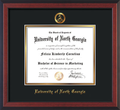 Image of University of North Georgia Diploma Frame - Cherry Reverse - w/Embossed Military Seal & UNG Name - Black on Gold mat