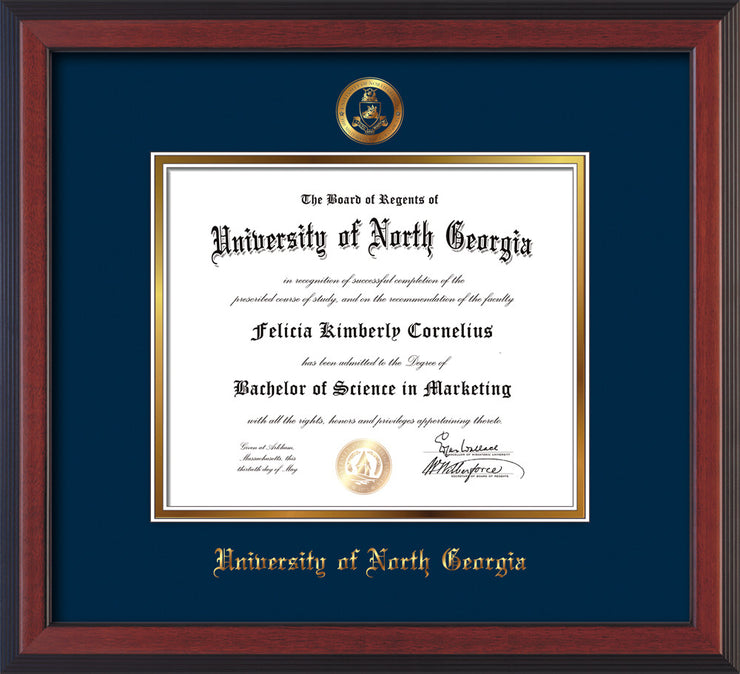 Image of University of North Georgia Diploma Frame - Cherry Reverse - w/Embossed Military Seal & UNG Name - Navy on Gold mat