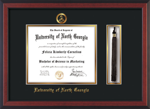 Image of University of North Georgia Diploma Frame - Cherry Reverse - w/Embossed Military Seal & UNG Name - Tassel Holder - Black on Gold mat