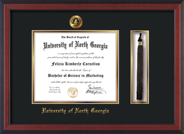 Image of University of North Georgia Diploma Frame - Cherry Reverse - w/Embossed UNG Seal & Name - Tassel Holder - Black on Gold mat