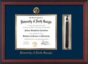 Image of University of North Georgia Diploma Frame - Cherry Reverse - w/Embossed UNG Seal & Name - Tassel Holder - Navy on Gold mat