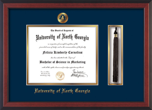 Image of University of North Georgia Diploma Frame - Cherry Reverse - w/Embossed UNG Seal & Name - Tassel Holder - Navy on Gold mat