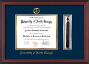 Image of University of North Georgia Diploma Frame - Cherry Reverse - w/Embossed Military Seal & UNG Name - Tassel Holder - Navy on Gold mat