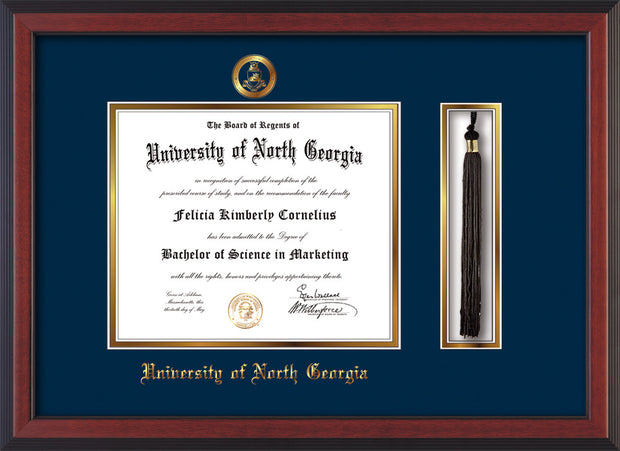 Image of University of North Georgia Diploma Frame - Cherry Reverse - w/Embossed Military Seal & UNG Name - Tassel Holder - Navy on Gold mat