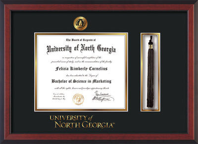 Image of University of North Georgia Diploma Frame - Cherry Reverse - w/Embossed UNG Seal & Wordmark - Tassel Holder - Black on Gold mat
