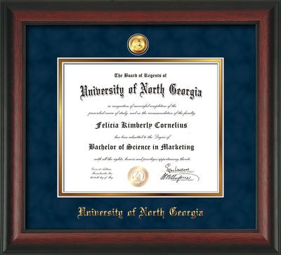 Image of University of North Georgia Diploma Frame - Rosewood - w/24k Gold-Plated Military Medallion & UNG Name Embossing - Navy Suede on Gold mats