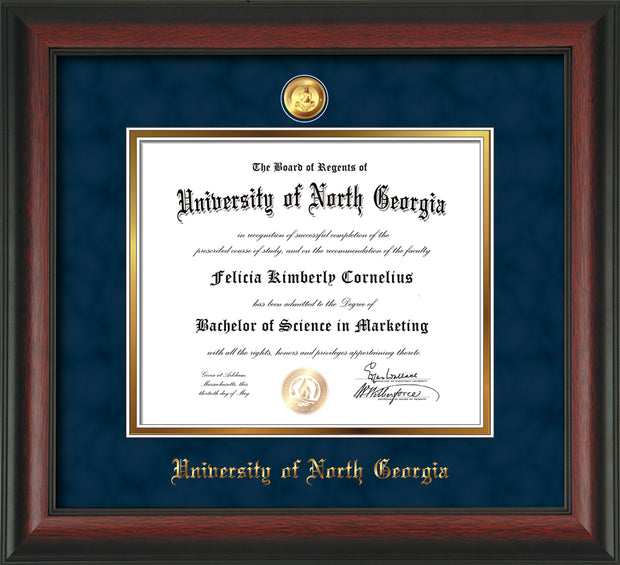 Image of University of North Georgia Diploma Frame - Rosewood - w/24k Gold-Plated Military Medallion & UNG Name Embossing - Navy Suede on Gold mats