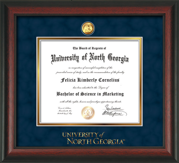 Image of University of North Georgia Diploma Frame - Rosewood - w/24k Gold-Plated Military Medallion & UNG Wordmark Embossing - Navy Suede on Gold mats