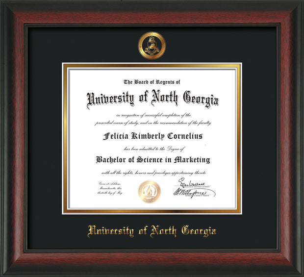 Image of University of North Georgia Diploma Frame - Rosewood - w/Embossed Military Seal & UNG Name - Black on Gold mat