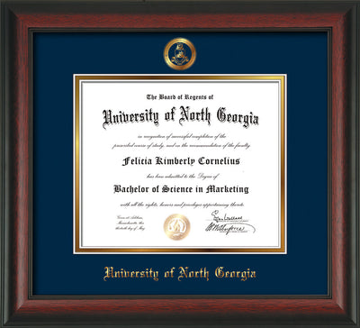 Image of University of North Georgia Diploma Frame - Rosewood - w/Embossed Military Seal & UNG Name - Navy on Gold mat