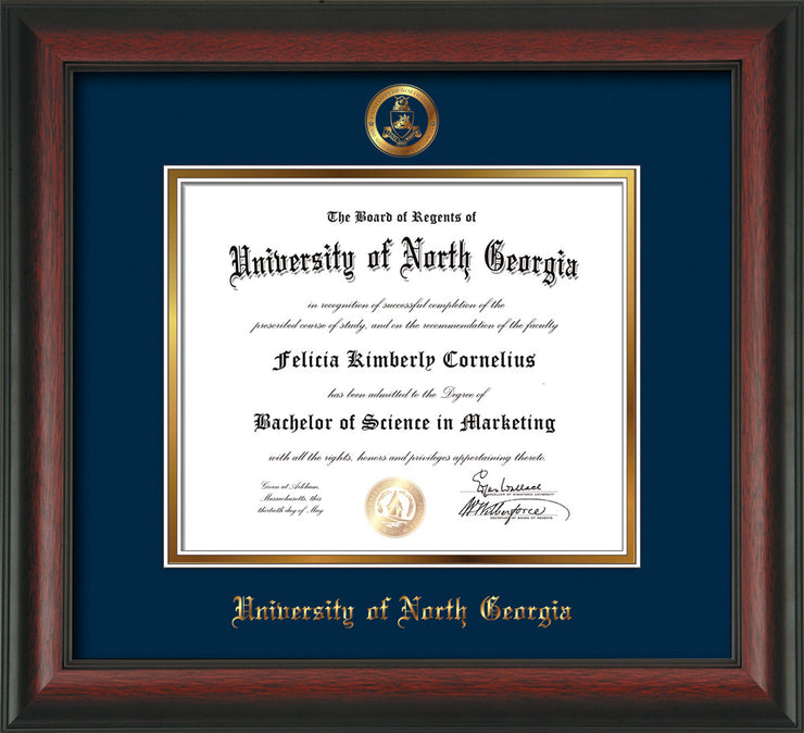 Image of University of North Georgia Diploma Frame - Rosewood - w/Embossed Military Seal & UNG Name - Navy on Gold mat