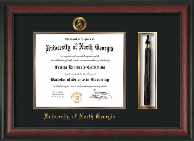 Image of University of North Georgia Diploma Frame - Rosewood - w/Embossed Military Seal & UNG Name - Tassel Holder - Black on Gold mat