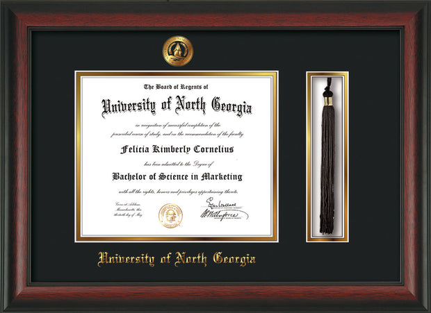 Image of University of North Georgia Diploma Frame - Rosewood - w/Embossed UNG Seal & Name - Tassel Holder - Black on Gold mat