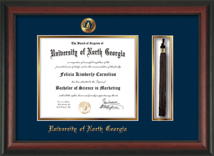 Image of University of North Georgia Diploma Frame - Rosewood - w/Embossed UNG Seal & Name - Tassel Holder - Navy on Gold mat
