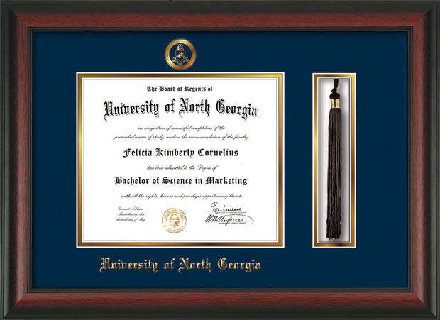 University of North Georgia Diploma Frame - Rosewood - w/Embossed Military Seal & UNG Name - Tassel Holder - Navy on Gold mat