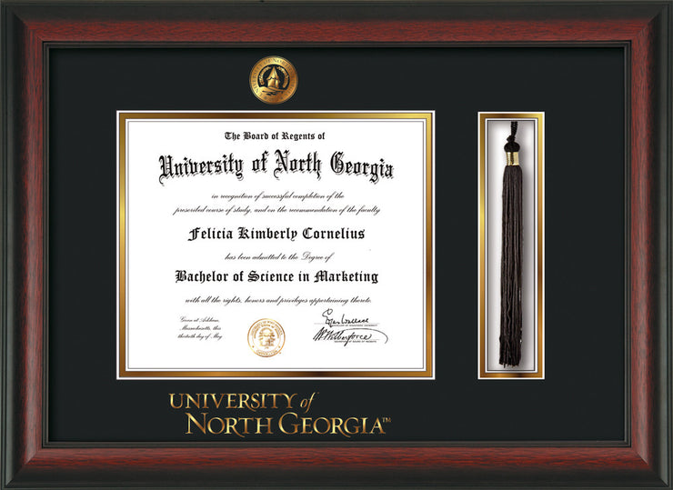 Image of University of North Georgia Diploma Frame - Rosewood - w/Embossed UNG Seal & Wordmark - Tassel Holder - Black on Gold mat