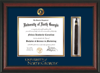 Image of University of North Georgia Diploma Frame - Rosewood - w/Embossed UNG Seal & Wordmark - Tassel Holder - Navy on Gold mat