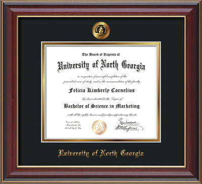 Image of University of North Georgia Diploma Frame - Cherry Lacquer - w/Embossed UNG Seal & Name - Black on Gold mat