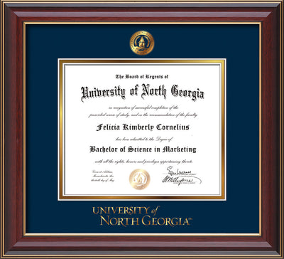 Image of University of North Georgia Diploma Frame - Cherry Lacquer - w/Embossed UNG Seal & Wordmark - Navy on Gold mat