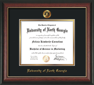 Image of University of North Georgia Diploma Frame - Rosewood w/Gold Lip - w/Embossed UNG Seal & Name - Black on Gold mat