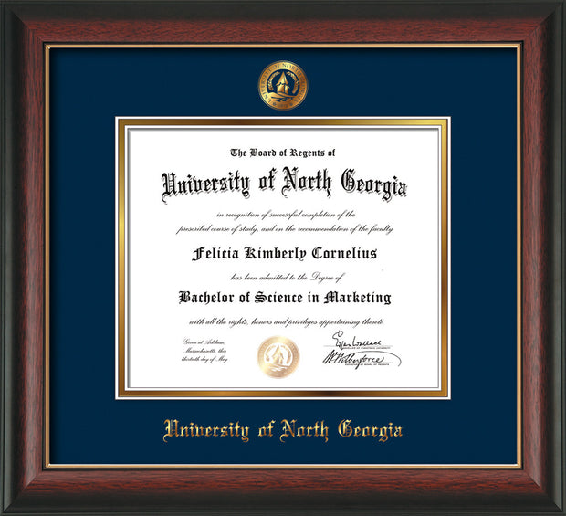 Image of University of North Georgia Diploma Frame - Rosewood w/Gold Lip - w/Embossed UNG Seal & Name - Navy on Gold mat