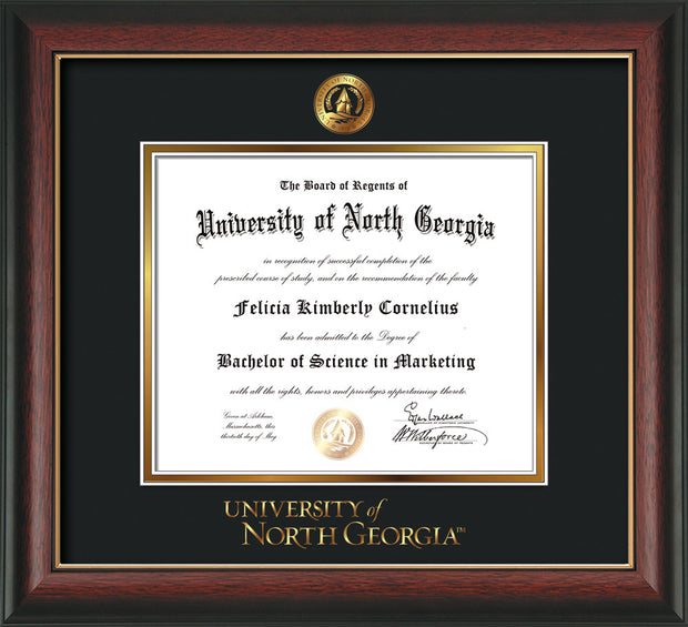 Image of University of North Georgia Diploma Frame - Rosewood w/Gold Lip - w/Embossed UNG Seal & Wordmark - Black on Gold mat