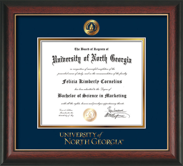 Image of University of North Georgia Diploma Frame - Rosewood w/Gold Lip - w/Embossed UNG Seal & Wordmark - Navy on Gold mat