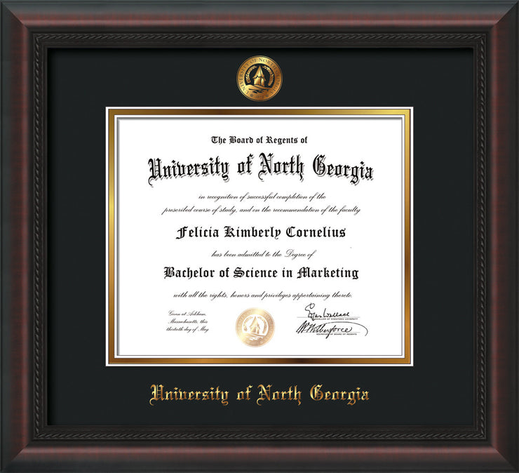 Image of University of North Georgia Diploma Frame - Mahogany Braid - w/Embossed UNG Seal & Name - Black on Gold mat