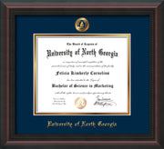 Image of University of North Georgia Diploma Frame - Mahogany Braid - w/Embossed UNG Seal & Name - Navy on Gold mat