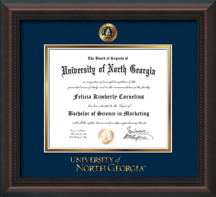 Image of University of North Georgia Diploma Frame - Mahogany Braid - w/Embossed UNG Seal & Wordmark - Navy on Gold mat