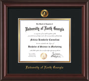 Image of University of North Georgia Diploma Frame - Mahogany Lacquer - w/Embossed UNG Seal & Name - Black on Gold mat